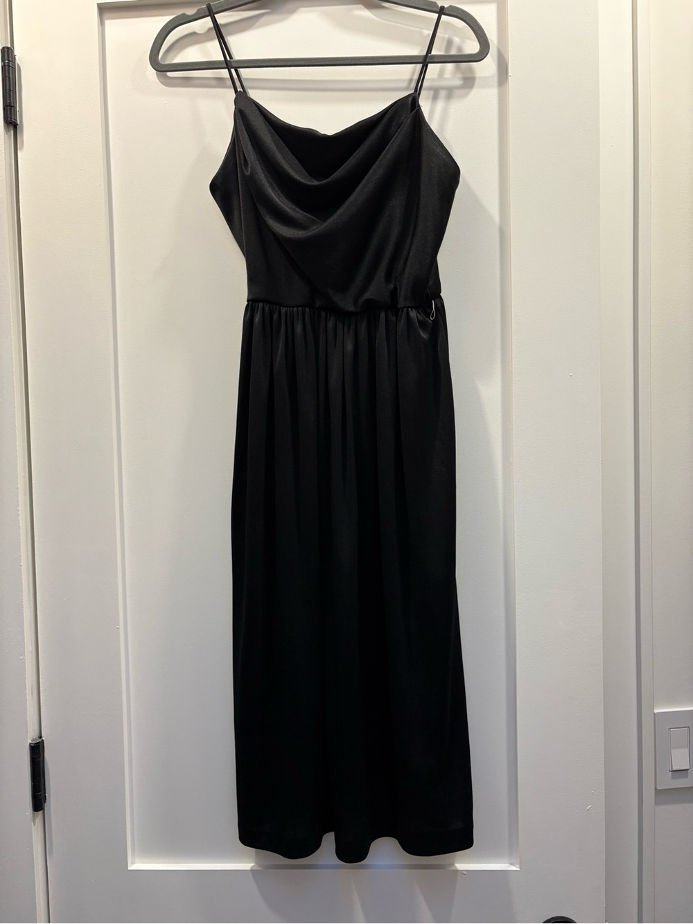 Vintage satin-look Cowl Neck Black Midi Dress with Spaghetti Straps